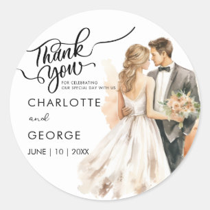 Thank You Wedding Bride Groom Back Watercolor Clas Classic Round Sticker