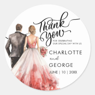 Thank You Wedding Bride Groom Back Watercolor  Classic Round Sticker