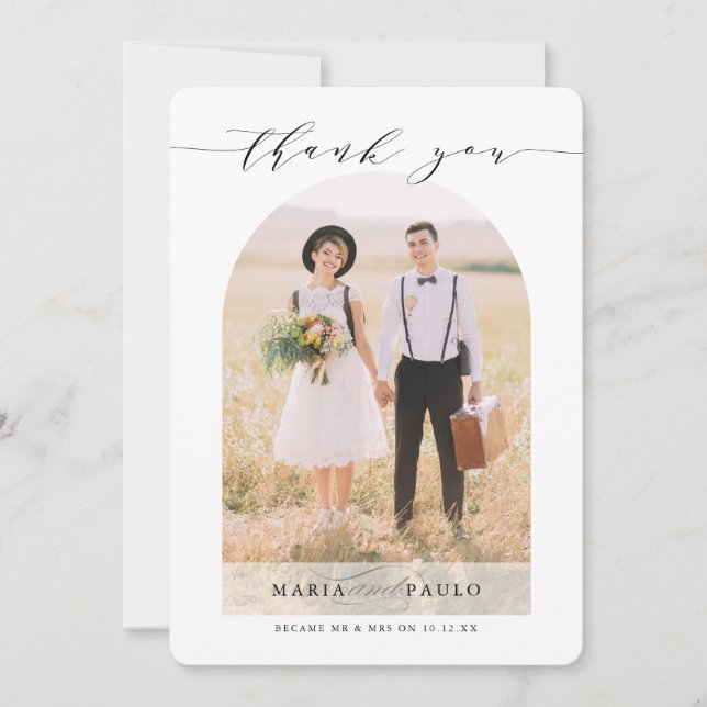 THANK YOU wedding couple photo modern arch overlay Invitation (Front)