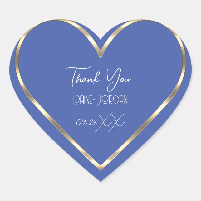 Thank You Wedding Favour Blue Golden Heart  Heart Sticker (Front)