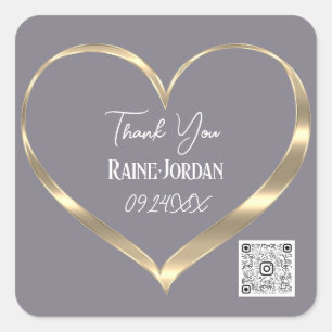 Thank You Wedding Favour QR CODE Grey Gold Heart Square Sticker
