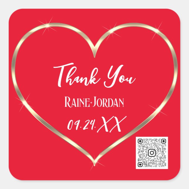 Thank You Wedding Favour QR CODE Red Golden Heart  Square Sticker (Front)