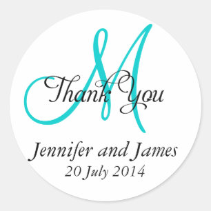 Thank You Wedding Favour Stickers Monogram Aqua