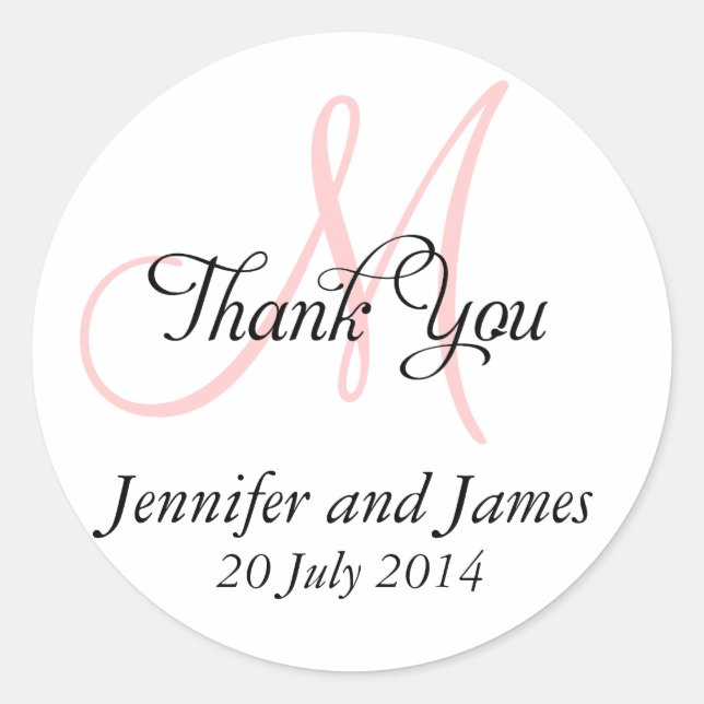 Thank You Wedding Favour Stickers Monogram Pink (Front)