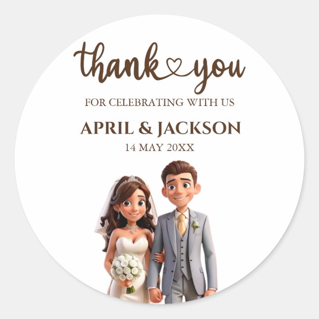 Thank You Wedding favours Couple Ilustration Classic Round Sticker (Front)