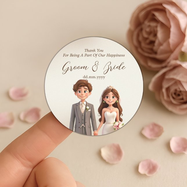 Thank You Wedding favours Couple Ilustration Classic Round Sticker (Creator Uploaded)