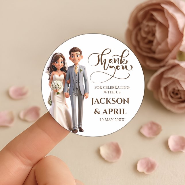 Thank You Wedding favours Couple Ilustration Classic Round Sticker (Creator Uploaded)
