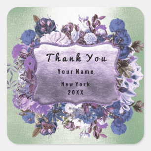 Thank You Wedding Frame Rose Floral Purple Mint Square Sticker
