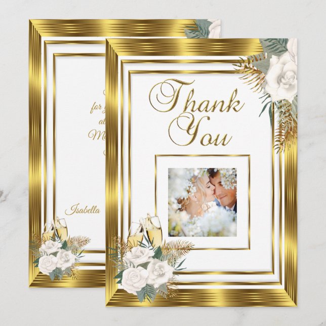 Thank you Wedding Golden White Rose Champagne Card (Front/Back)