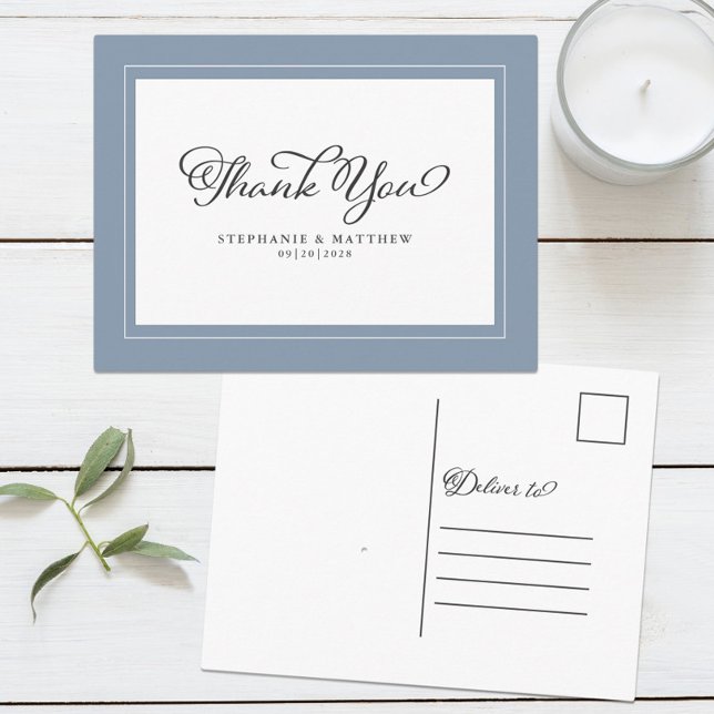 Thank You Wedding Modern Calligraphy Dusty Blue Postcard (Creator Uploaded)