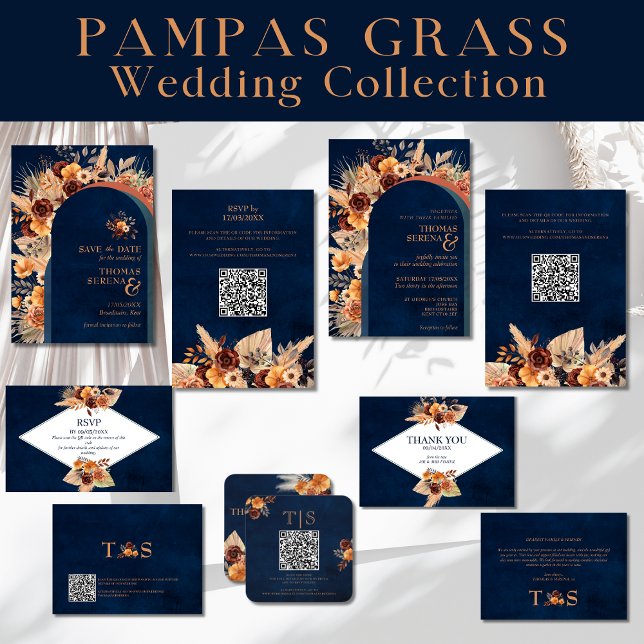 Thank You Wedding Pampas Grass Navy Blue Autumn Card (Creator Uploaded)