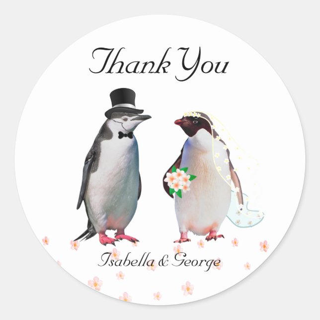 Thank You Wedding & Penguin Couple Classic Round Sticker (Front)