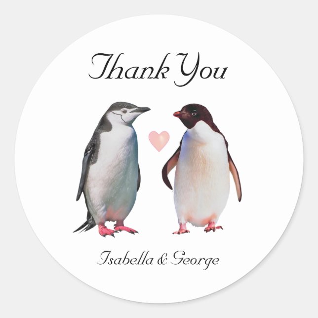 Thank You Wedding & Penguin Couple with Heart Classic Round Sticker (Front)