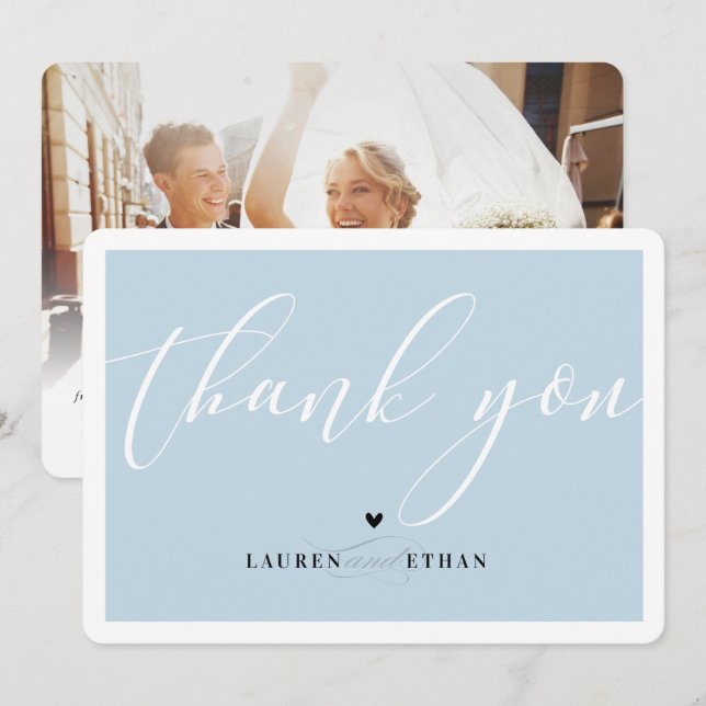 THANK YOU wedding photo elegant black pale blue Invitation (Front/Back)