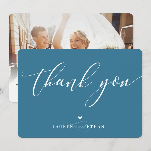 THANK YOU wedding photo elegant calligraphy denim Invitation (Front/Back)