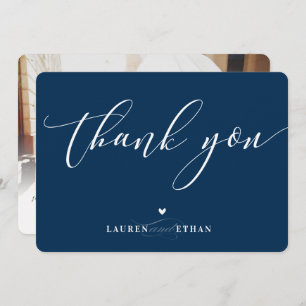 THANK YOU wedding photo elegant names dark blue Invitation