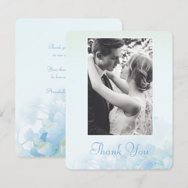 Thank you wedding photo hydrangea blue green invitation (Front/Back)