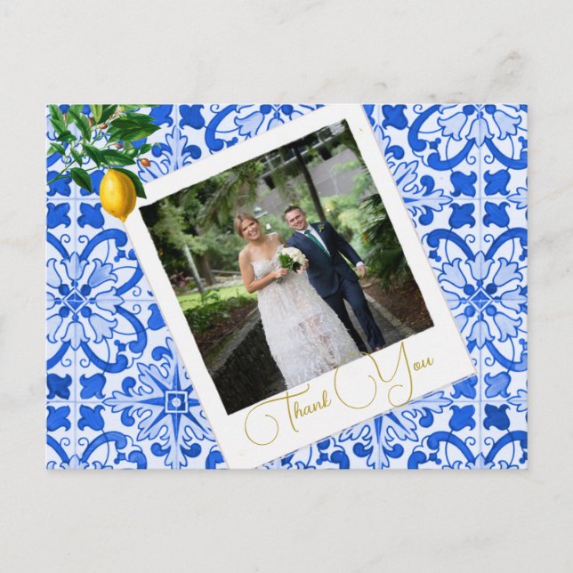  Thank You Wedding Photo Lemon Blue Tile  Elegant Postcard (Front)