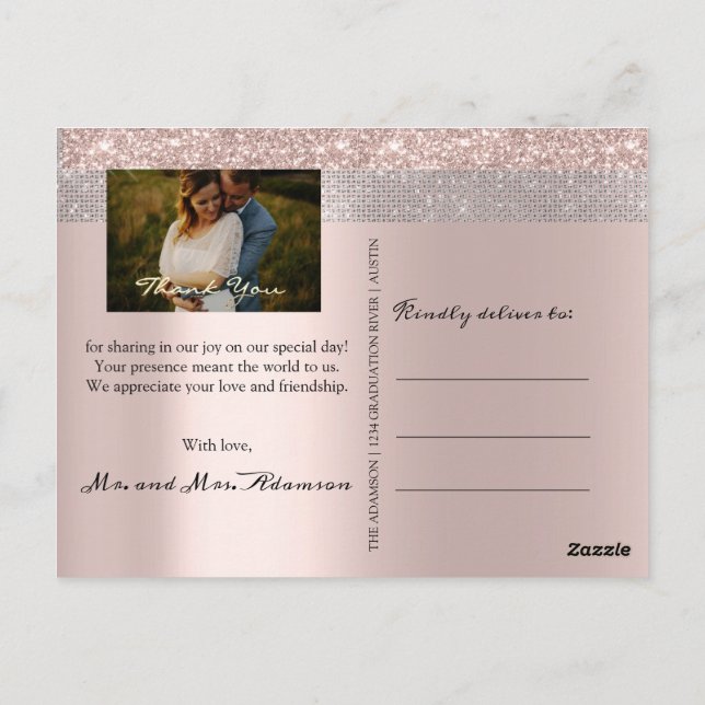 Thank You Wedding Photo Silver Grey Rose Gold Postcard (Back)