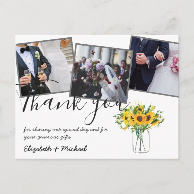Thank You Wedding Photos Overlay Text Sunflowers Postcard (Front)