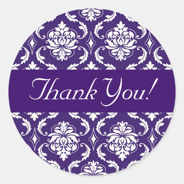 Thank You Wedding Purple Damask Sticker (Front)