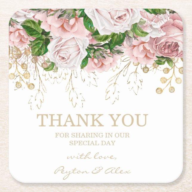 Thank You Wedding Reception Blush Pink Flowers Square Paper Coaster (Front)