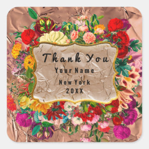 Thank You Wedding Roses Floral Grunge Copper  Square Sticker