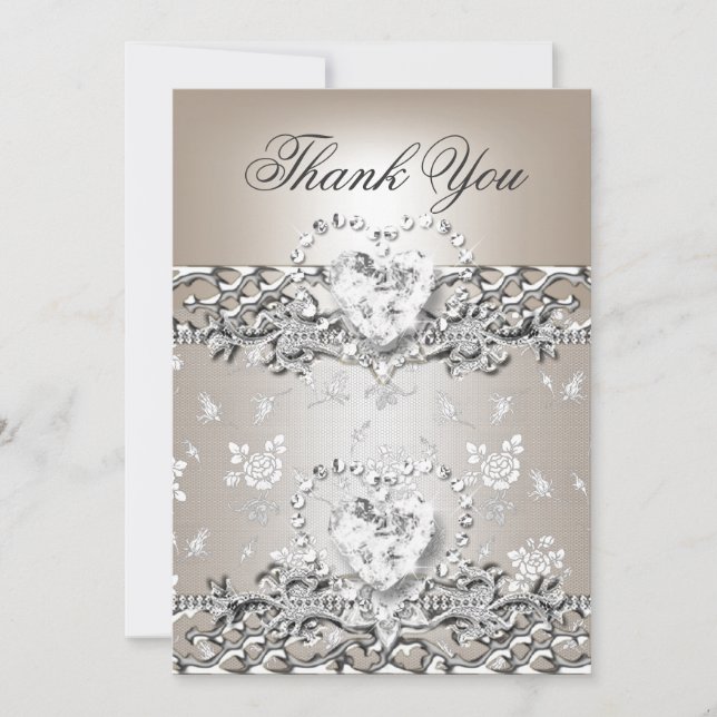 Thank you Wedding Silver Cream Diamond Heart (Front)
