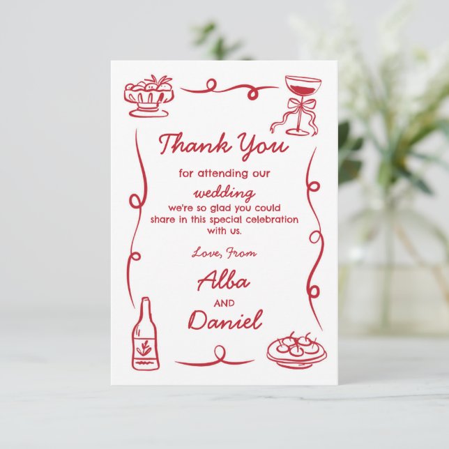Thank You Wedding Whimsical Hand Drawn Red (Standing Front)