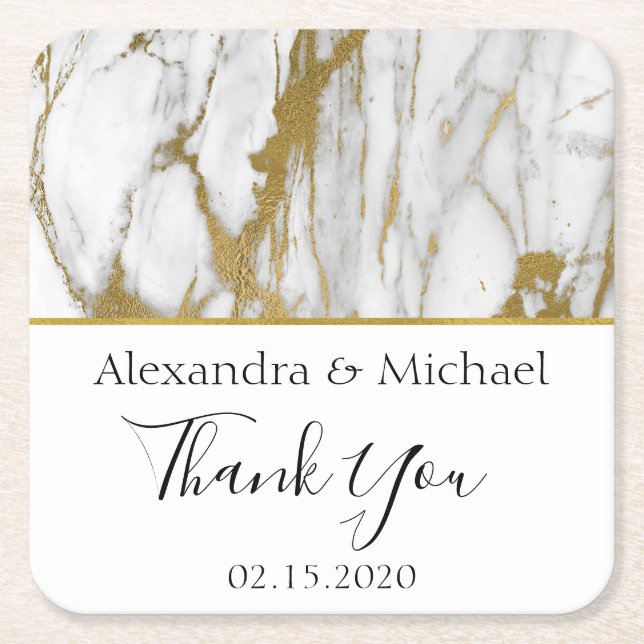 Thank You White and Gold Elegant Marble Square Paper Coaster (Front)