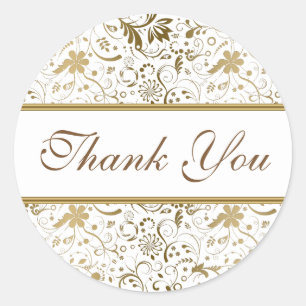Thank You-White And Gold Floral Damask Classic Round Sticker