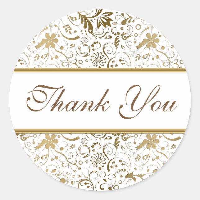 Thank You-White And Gold Floral Damask Classic Round Sticker (Front)