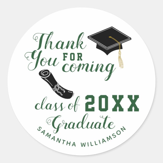 Thank You White and Green Class of 2025 Graduate Classic Round Sticker (Front)