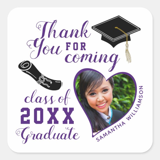 Thank You White and Purple Class of 2025 Graduate Square Sticker (Front)