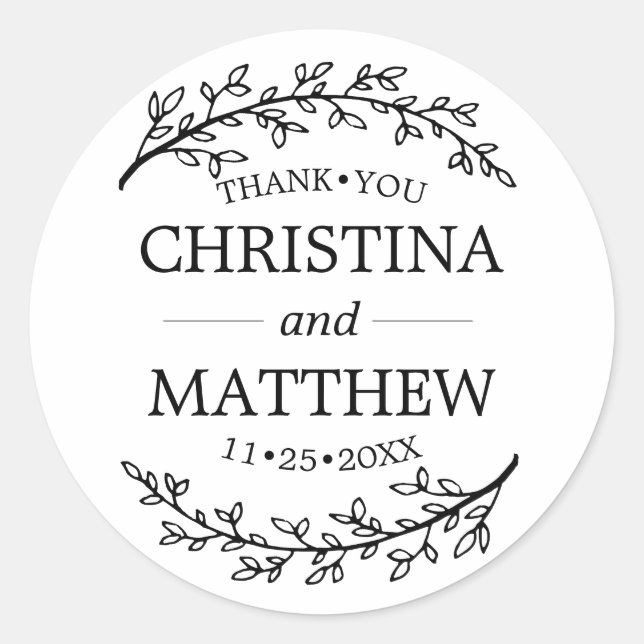 Thank You White Black Laurel Branches Wedding Classic Round Sticker (Front)