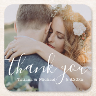 thank you, white calligraphy wedding photo  square paper coaster