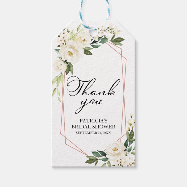 Thank You - White Flowers Greenery Geometric Gift  Tags (Front)
