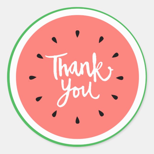 thank you white handlettering watermelon classic round sticker (Front)