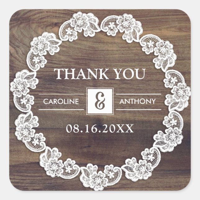 Thank You. White Lace Barn Wood Wedding Square Sticker (Front)