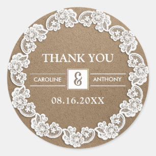 Thank You. White Lace Kraft Paper Wedding Classic Round Sticker