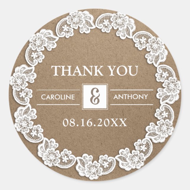 Thank You. White Lace Kraft Paper Wedding Classic Round Sticker (Front)
