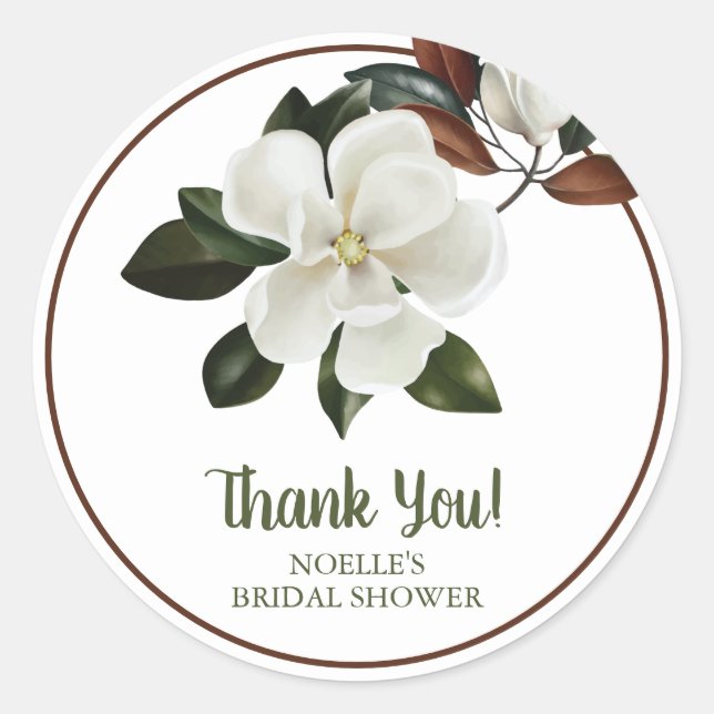 Thank You! White Magnolia Flower Bridal Shower Classic Round Sticker (Front)