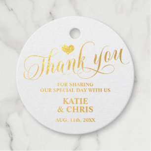 THANK YOU White REAL Gold Foil Heart Wedding Favour Tags