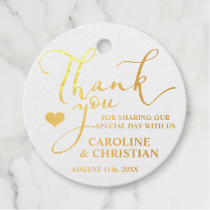 THANK YOU White REAL Gold Foil Heart Wedding Favour Tags