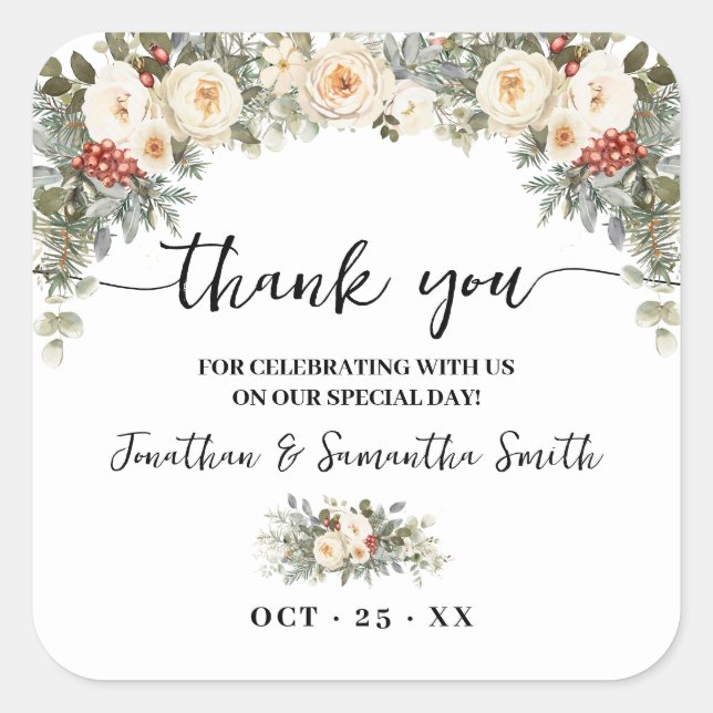 Thank You White Winter Flowers Wedding Square Sticker (Front)