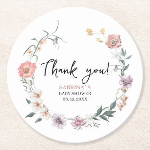 Thank you Wildflower spring baby shower Round Paper Coaster