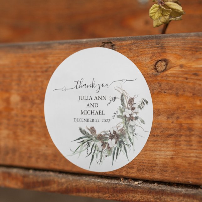 Thank you Winter Foliage Christmas Cotton  Wedding Classic Round Sticker (Creator Uploaded)