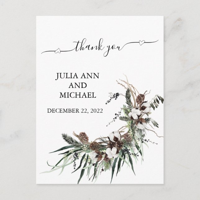 Thank you Winter Foliage Christmas Cotton  Wedding Postcard (Front)