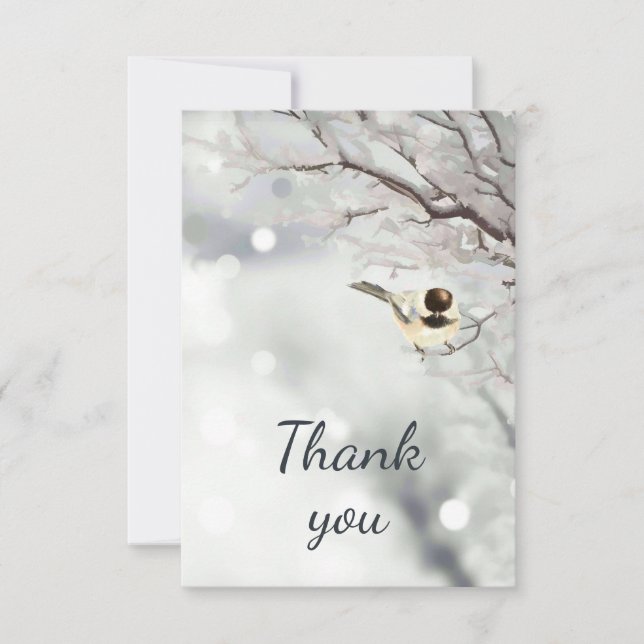 Thank You Winter Frosty Trees Chickadee Bird Art Card (Front)