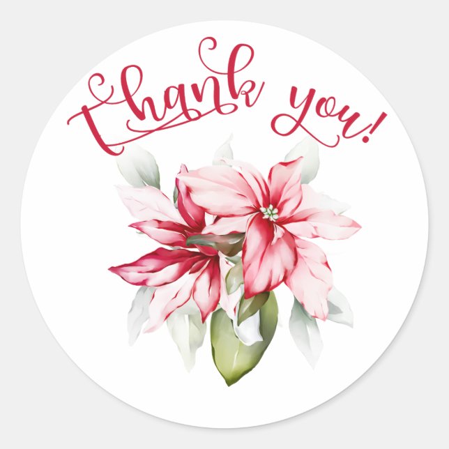 Thank you winter holiday red poinsettia flower classic round sticker (Front)
